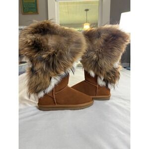 APHNOS Chestnut Brown Suede Faux Fur Trim Winter Boots Size 34/35
